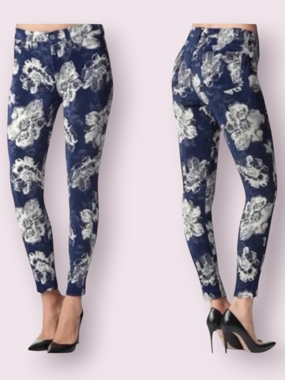 7 For All Mankind Floral Jacquard Skinny Ankle Jeans Navy Blue & White Size 27